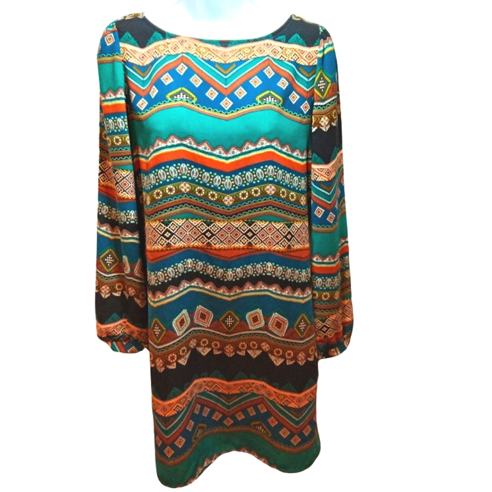 Vestique Bohemian Tunic Top, Dress Striped Colorful Green Blue Gold Blouse Dress